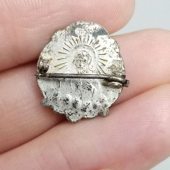 Vintage Madonna and Child Blue Enamel and Silver Tone Brooch, C Clasp, Estate - Picture 2 of 7